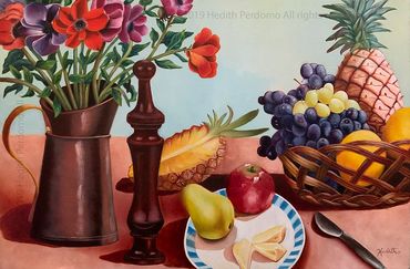 tropical fruits flowers still life oil painting