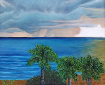 Landscape seascape oil painting beach horizon palm trees nature artwork fine artist fine art