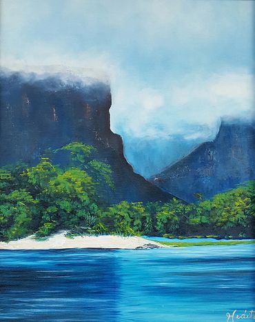 Tepui mountains fog heavy clouds lake forest south america oil painting