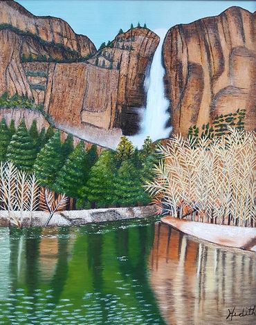 Yosemite falls lake redwood trees spring waterfalls CA USA landscape oil painting