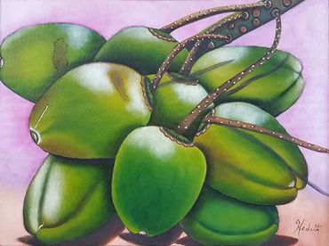 young green coconuts south america still life oil painting