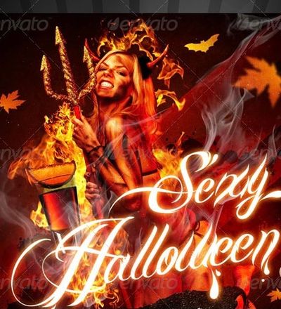 A woman in a fiery devil costume holding a trident with 'Sexy Halloween' text.