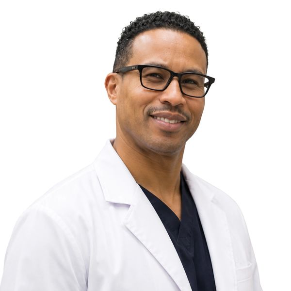 Confident male doctor wearing glasses and white coat.