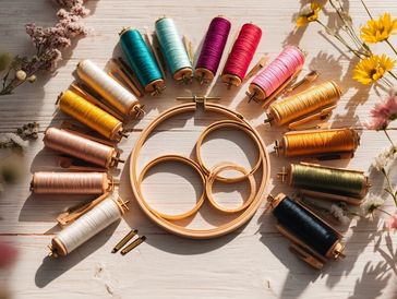 Little d Designs artisan flat lay, embroidery hoops, thread, and Colorado wildflowers