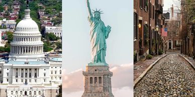 Iconic American landmarks: Capitol, Statue of Liberty, and historic cobblestone street.