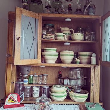 Antique Hoosier Cabinet with collectibles
