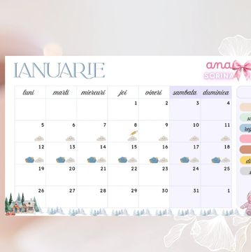 A January calendar with weather icons and color-coded notes.