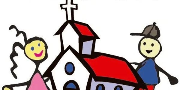 Cartoon children and a church with a red roof.