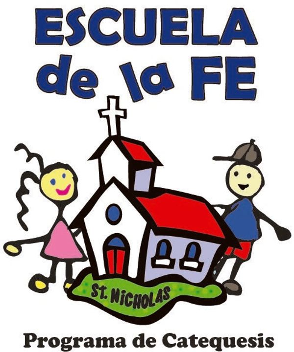 Logo for Escuela de la Fe catechesis program with children and church illustration.