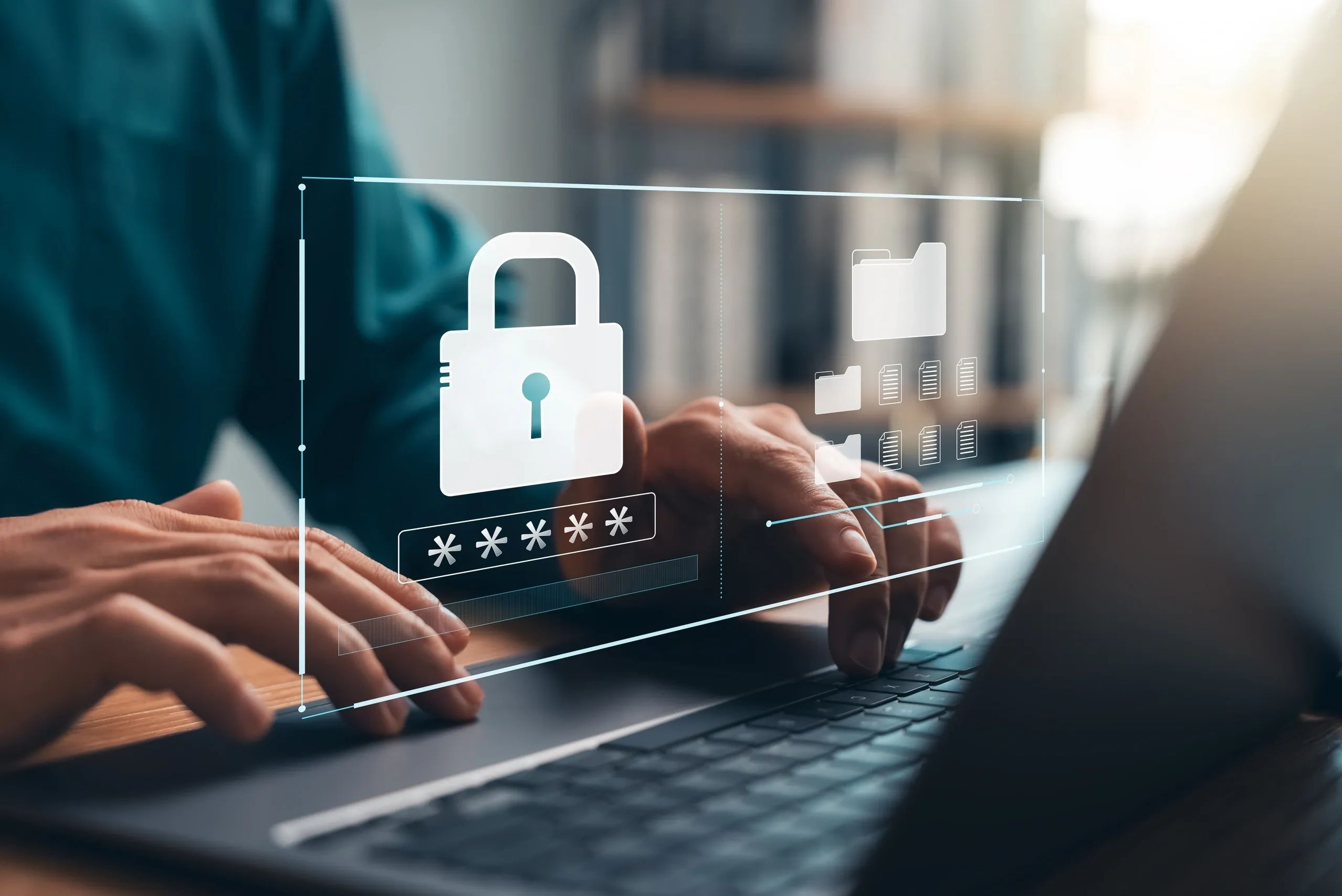 Hands typing on a laptop with a digital lock and file icons for cybersecurity.