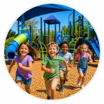 Four happy kids running at a colorful playground.