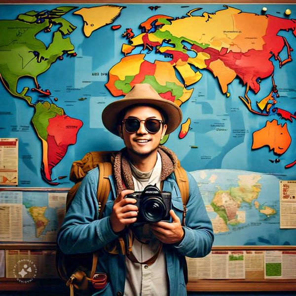 Smiling traveler with camera in front of colorful world map.