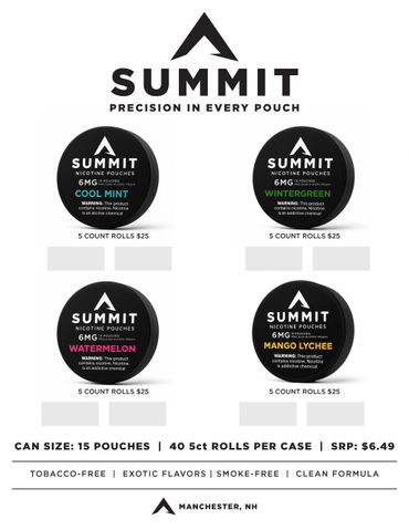 Summit nicotine pouches in four flavors: Cool Mint, Wintergreen, Watermelon, Mango Lychee.