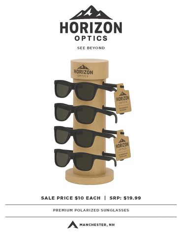 Display of Horizon Optics polarized sunglasses with sale price and location info.