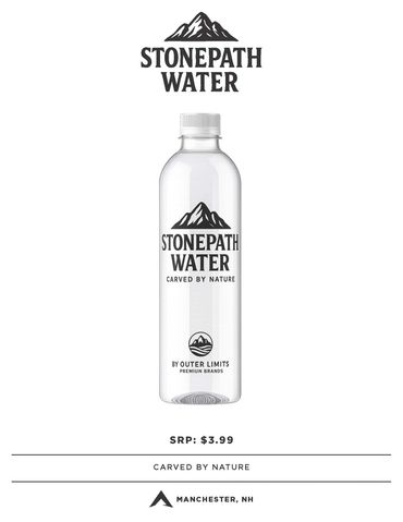 Minimalist advertisement for Stonepath Water, featuring a clear bottle and mountain logo.
