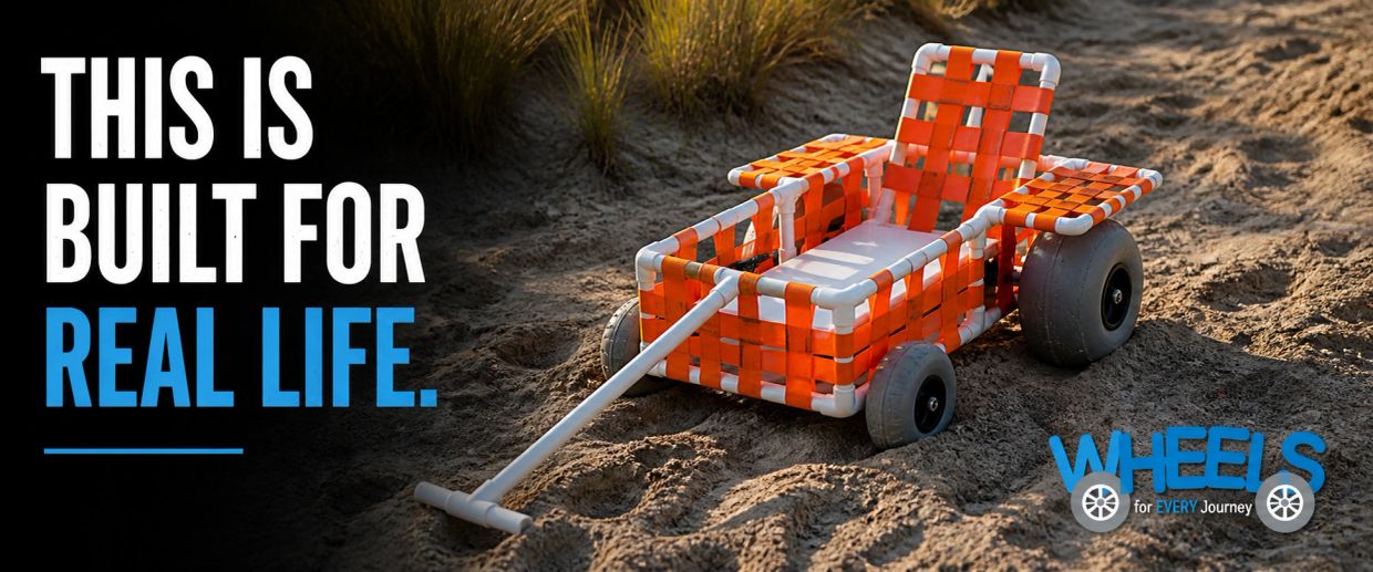 A durable orange and white woven cart on a sandy path.