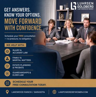 Law firm advertisement offering free consultation in injury, family, estate planning, and elder law.