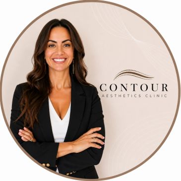 Woman smiling in front of Contour Aesthetics Clinic logo. Prosper Media Services
