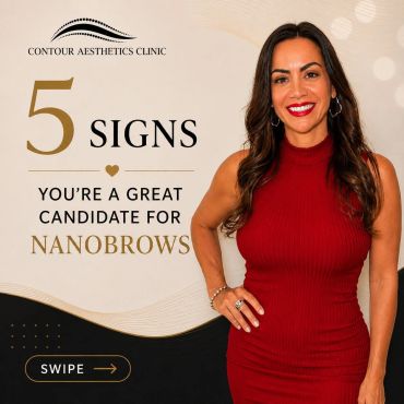 Smiling woman promoting Nanobrows at Contour Aesthetics Clinic.