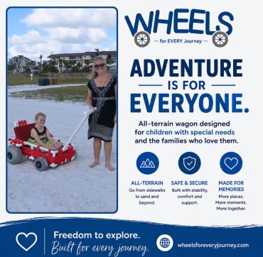 Mother and child enjoying a beach wagon designed for special needs children.