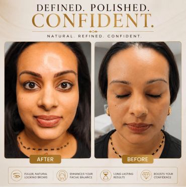 Before and after eyebrow enhancement showing fuller, natural brows and improved facial balance.