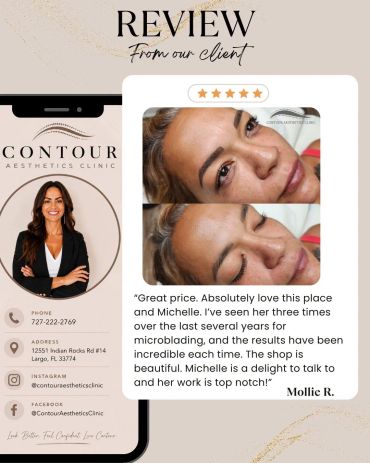 Client review praising microblading results at Contour Aesthetics Clinic.