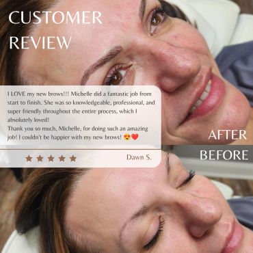 Beautiful eyebrow transformation with a glowing customer review.
