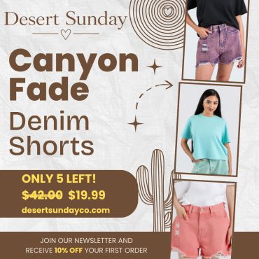 Advertisement for discounted Canyon Fade Denim Shorts.