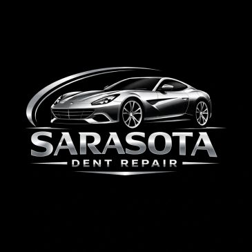 Sleek silver sports car logo for Sarasota Dent Repair.