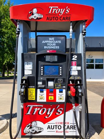 Gas pump with non-oxygenated gas at Troy's Corner Auto Care in Roseville, Minnesota