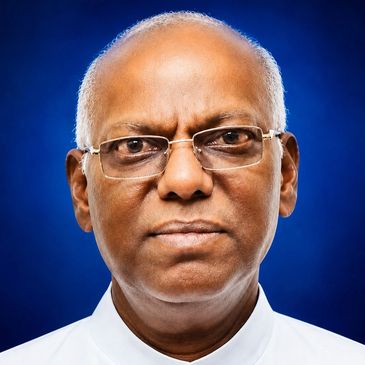 Portrait of an elderly man with glasses against a blue background.