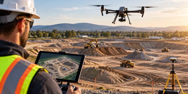 Engineer controlling drone at construction site.