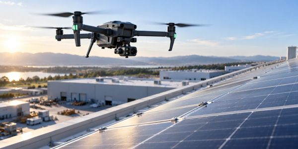 Drone inspecting solar panels on a rooftop.