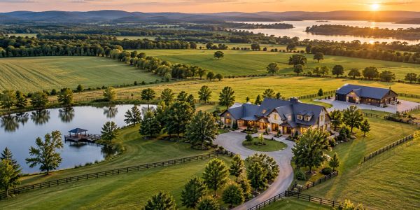 A large countryside estate with pond, trees, and sunset.