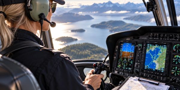 Female pilot flying helicopter over scenic mountains and water.