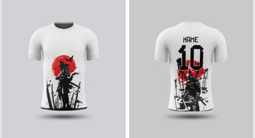 White T-shirt with samurai and red sun design, front and back views.