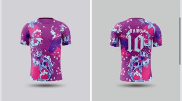 Purple and pink t-shirt with koi fish design and number 10 on the back.