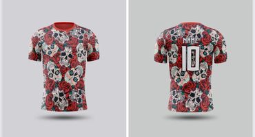 Front and back view of a skull and rose patterned sports jersey with number 10.