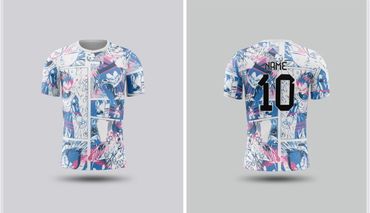 A vibrant anime-themed sports jersey featuring dynamic comic panels and customizable number and name.