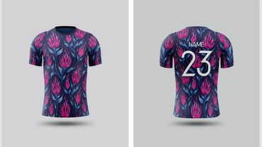 Floral-themed sports jersey with pink and blue flower patterns on dark background.