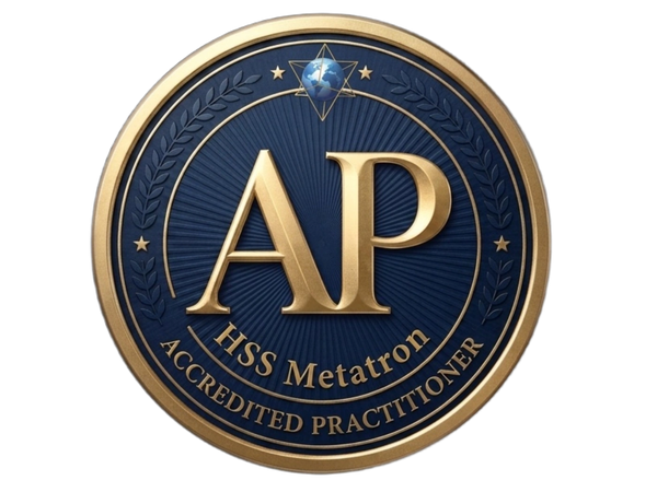Gold and blue AP HSS Metatron Accredited Practitioner emblem.