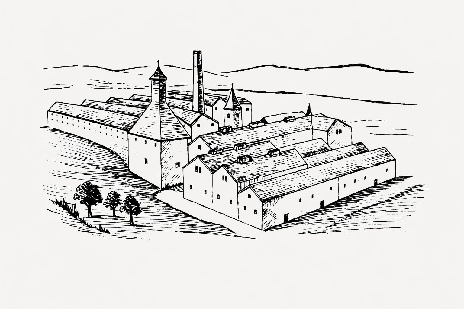 Black and white sketch of a large fortified medieval castle with multiple towers and buildings.