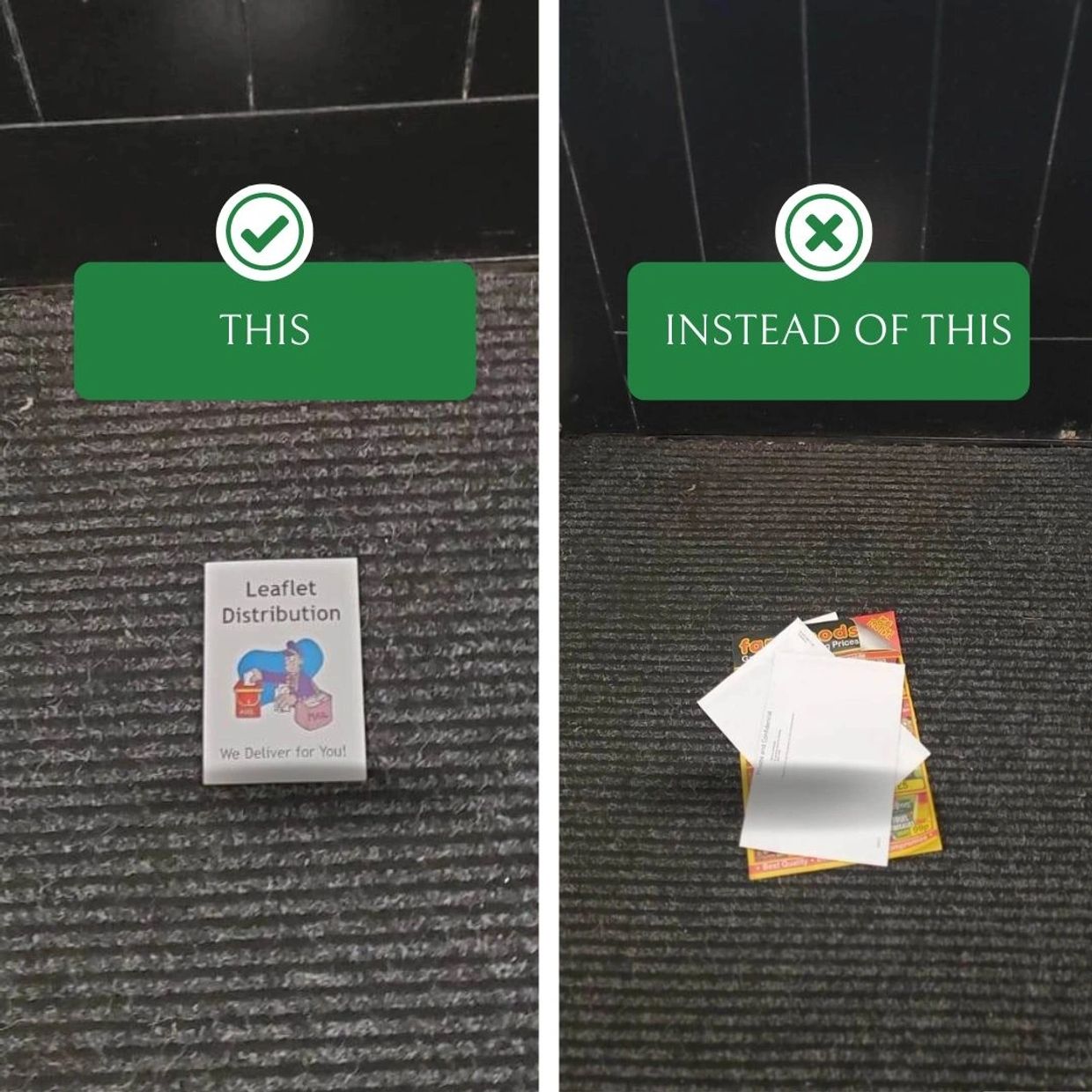 Correct leaflet placement vs incorrect promotional material placement.