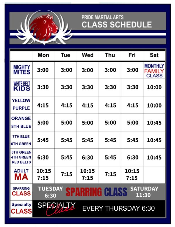Weekly martial arts class schedule with times for different levels and special classes.