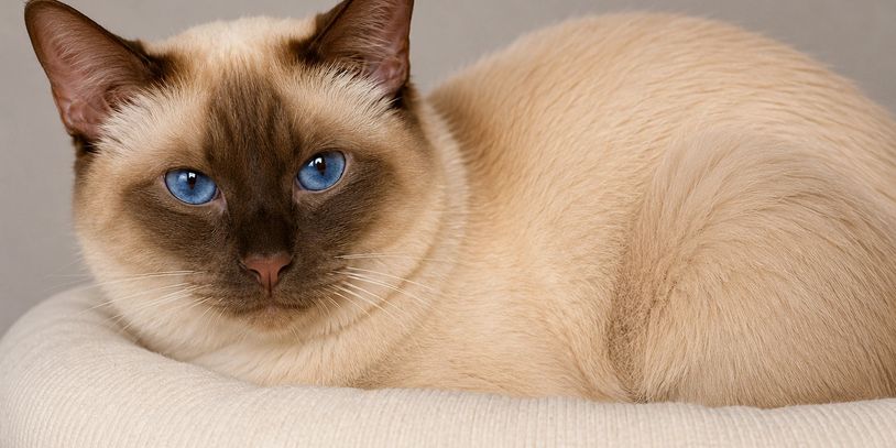 Close-up of a Siamese cat with striking blue eyes.