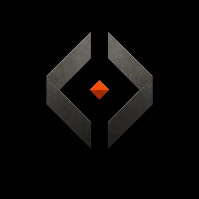 Minimalist geometric logo with a central red diamond and dark angular shapes on a black background.