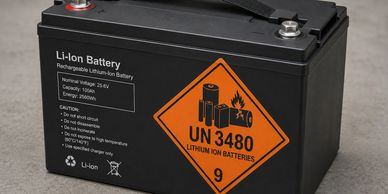 Rechargeable lithium-ion battery with safety warning label.