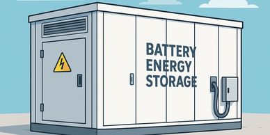 A battery energy storage unit with warning sign and cables.
