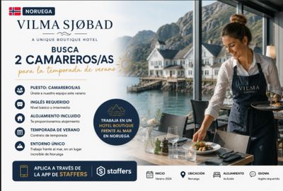 Publicidad de hotel boutique en Noruega buscando camareros para verano.