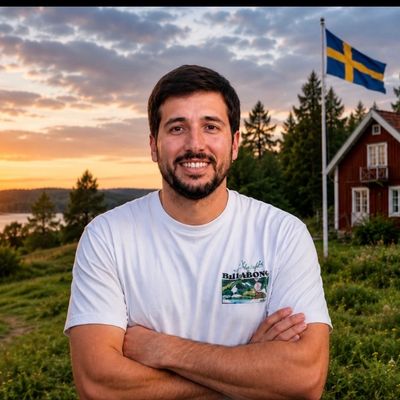 Smiling man in a white t-shirt stands outdoors near a Swedish flag at sunset.